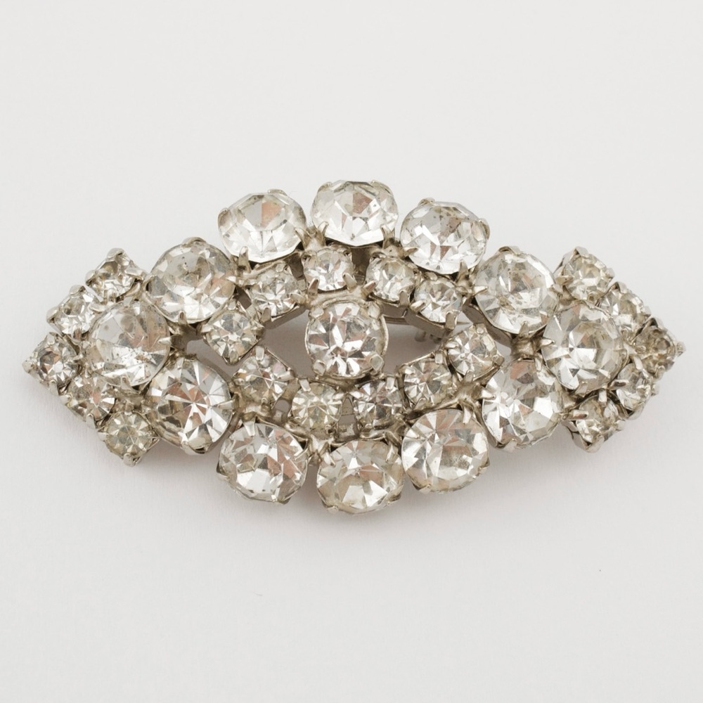Vintage Mid-Century Rhinestone Brooch Pin Large Navette Eye Shape Silver Tone